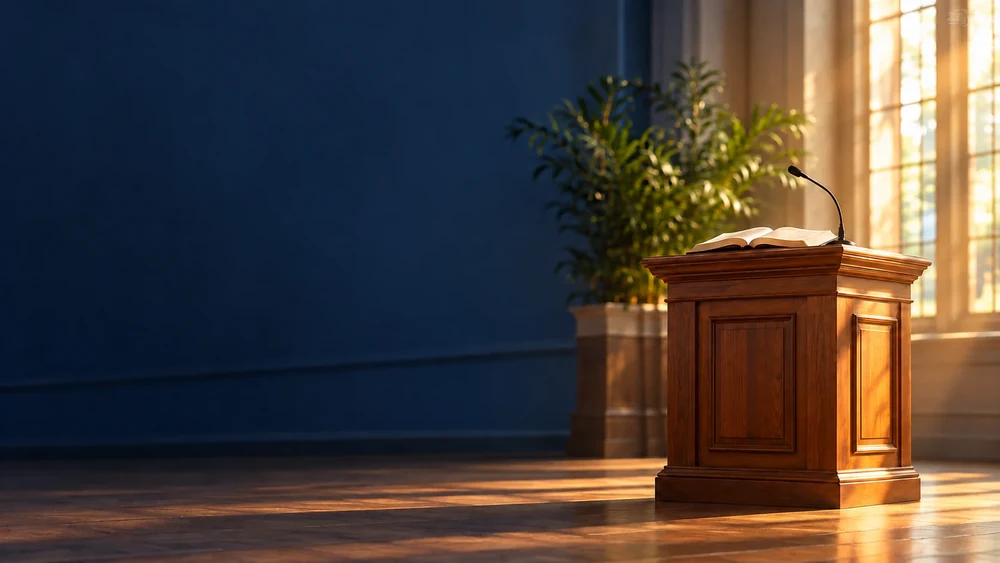 An open Bible on a church lectern in warm natural light