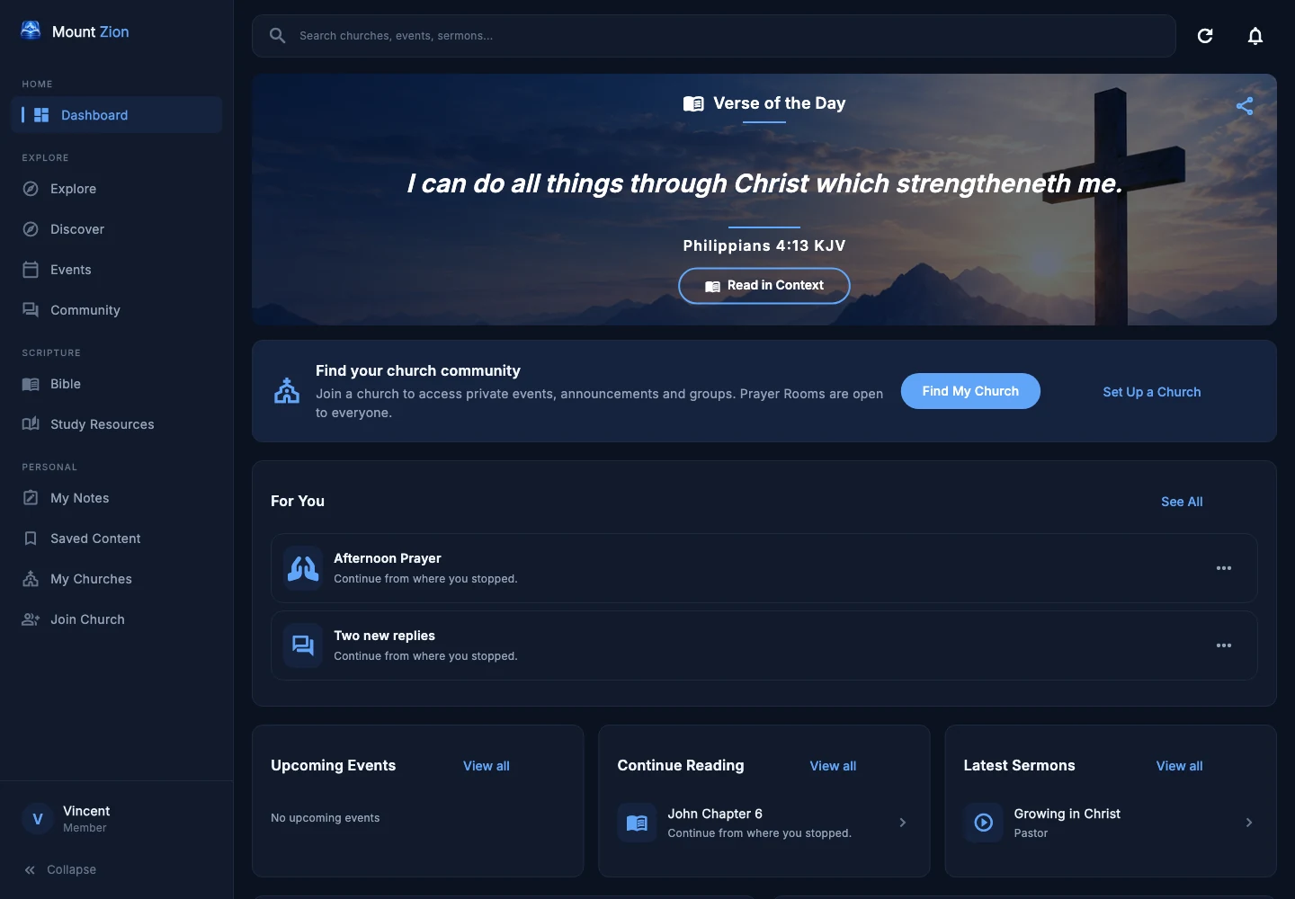 Mount Zion desktop dashboard in dark mode